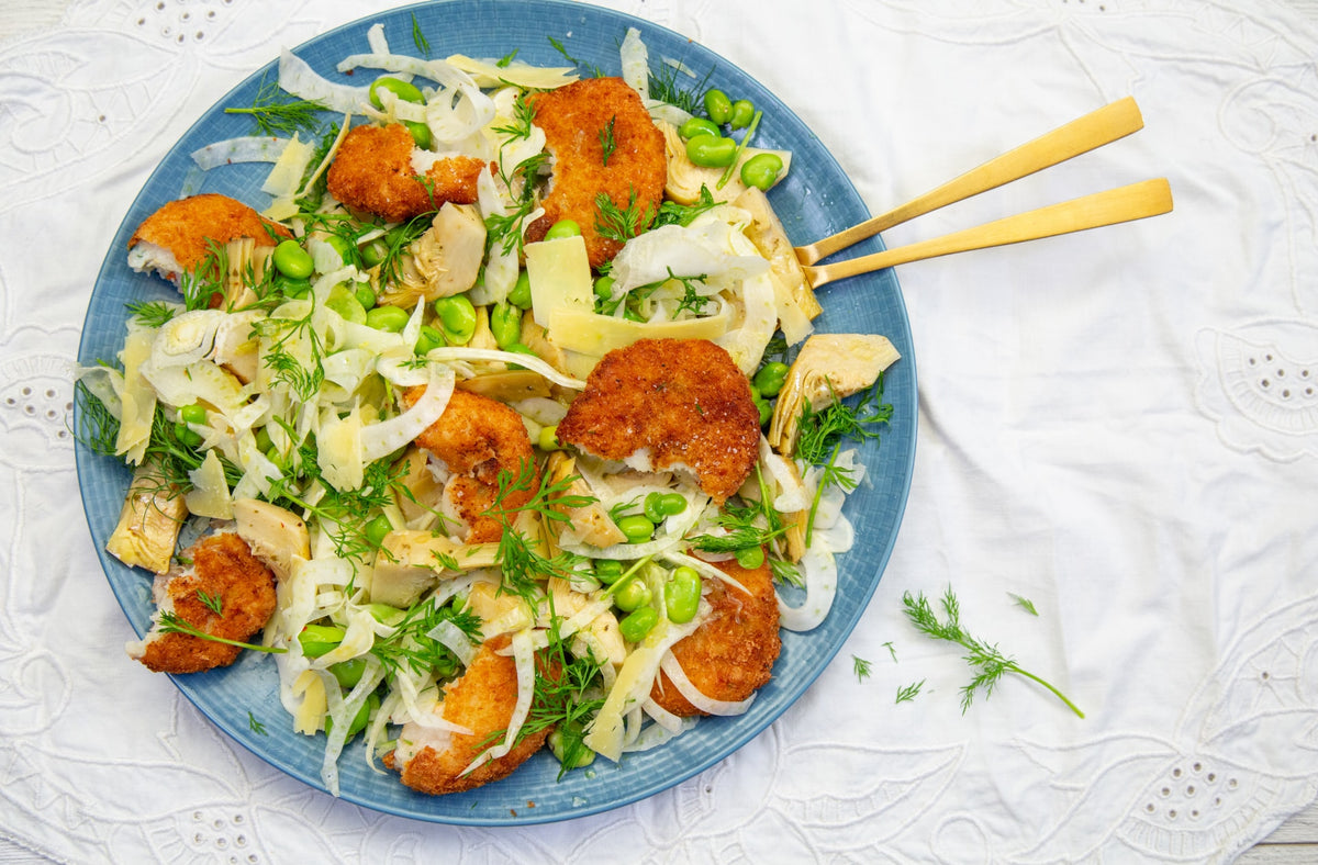 Crab Cakes with Fennel, Artichoke and Broad Bean salad Recipe | Airborne Honey