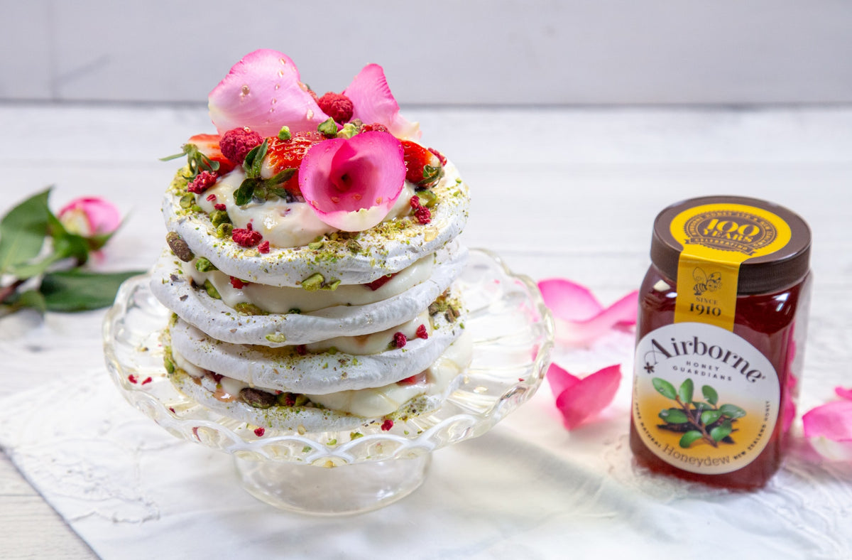 Strawberry, Pistachio & Honey Meringue Layer Cake Recipe | Airborne Honey