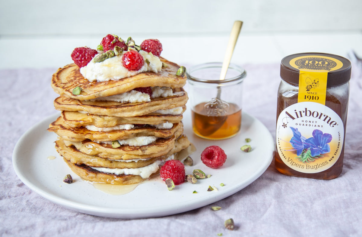 Thick Banana, Honey & Ricotta Pancakes Recipe | Airborne Honey